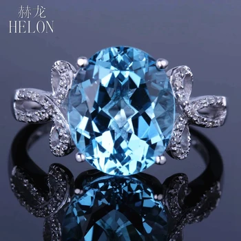

HELON Solid 14K White Gold 100% Genuine Swiss Blue Topaz & Natural Diamonds Engagement Wedding Gemstone Fine Ring Oval 10x12mm