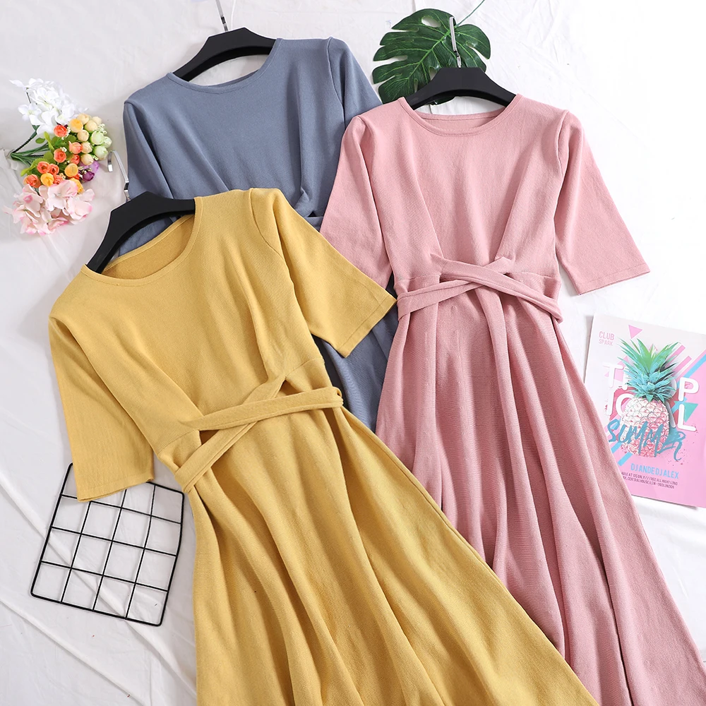 

FMFSSOM Women Dress 2019 New Summer Ladys O Neck Short Sleeve Sash Tie Up Solid Medium Long Dresses Korean Style