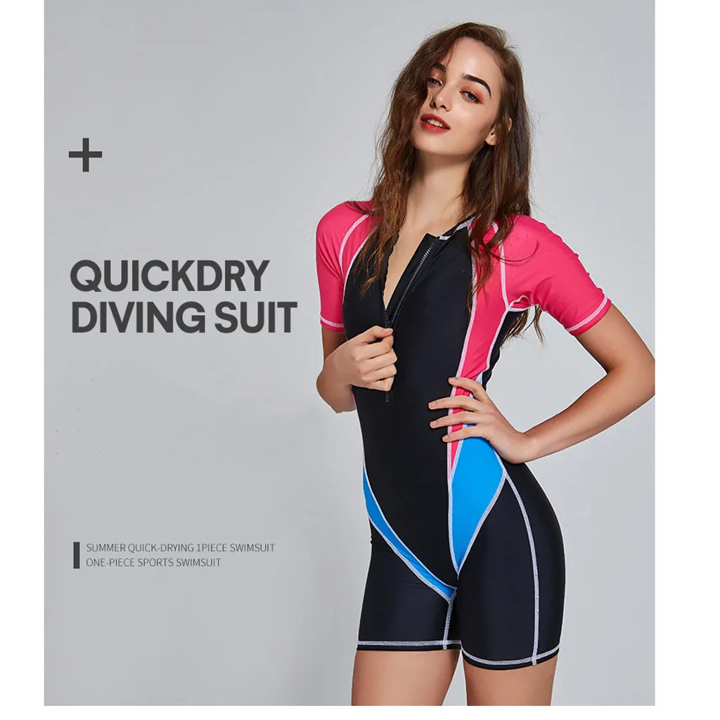 

2019 Short Sleeve Zipper UV Protection Sunscreen Surfing Swimsuit Bathing Suits Summer One-piece Jupmsuit Patchwork Swimwear