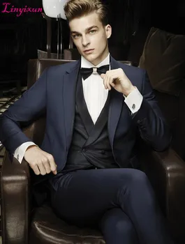 

Linyixun Latest Coat Pant Designs Navy Blue Double Breasted Men Suit Formal Italian Slim Fit Custom Men Tuxedo 3 Piece Masculino