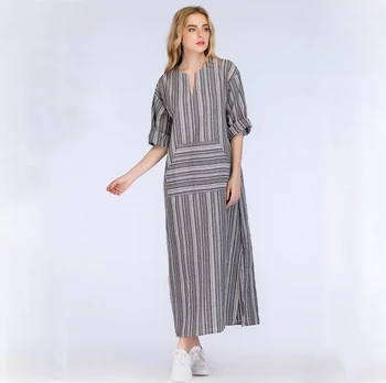

Plus Size S-5XL Women Striped Dress Sexy V Neck Long Sleeve Dresses Vintage Casual Loose Long Maxi dress S-5XL Gray Red Color