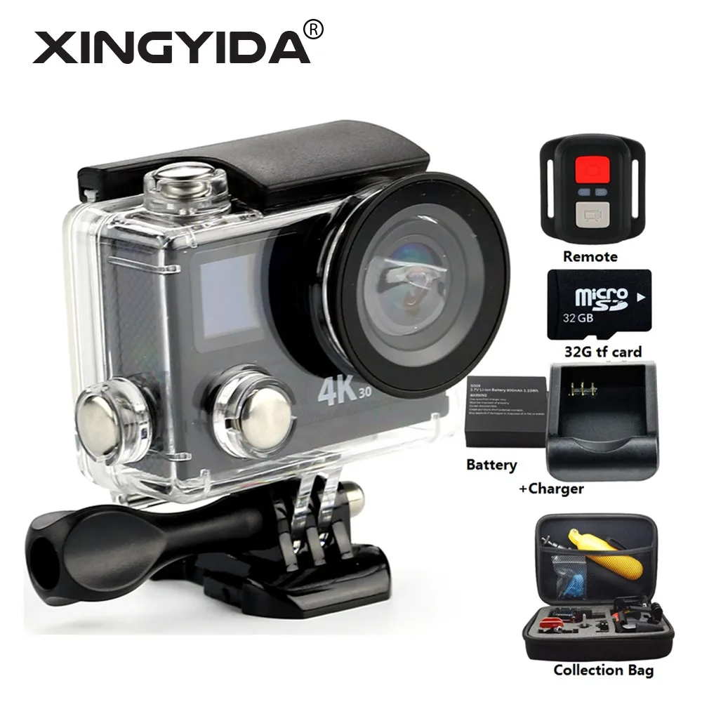 Video Action Camera Ultra HD 4K WiFi 1080P 60fps 2.0 LCD 170 lens Helmet Cam Waterproof 2 batteries+battery charger+Bag+32G card