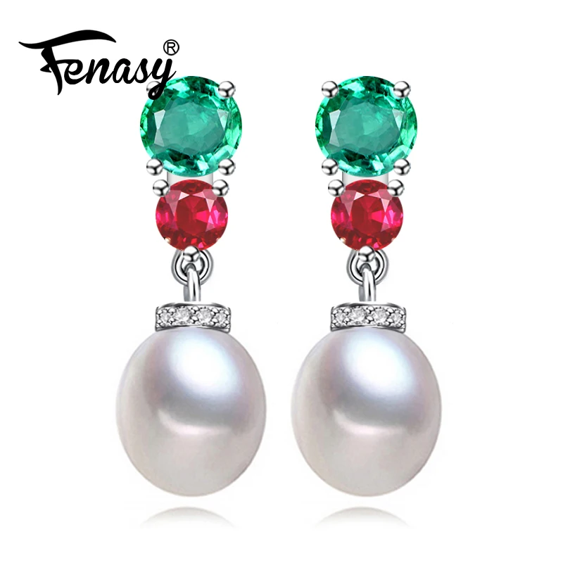 

FENASY Pearl Emerald long earrings for Women Pearl jewelry 925 sterling silver bohemian drop earrings wedding brincos