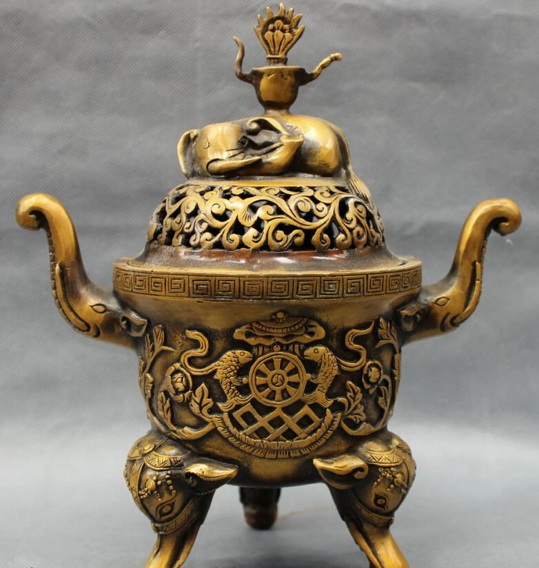 

S4331 10" Chinese Bronze Buddhist Auspicious Elephant Statue Incense Burner Censer D0318