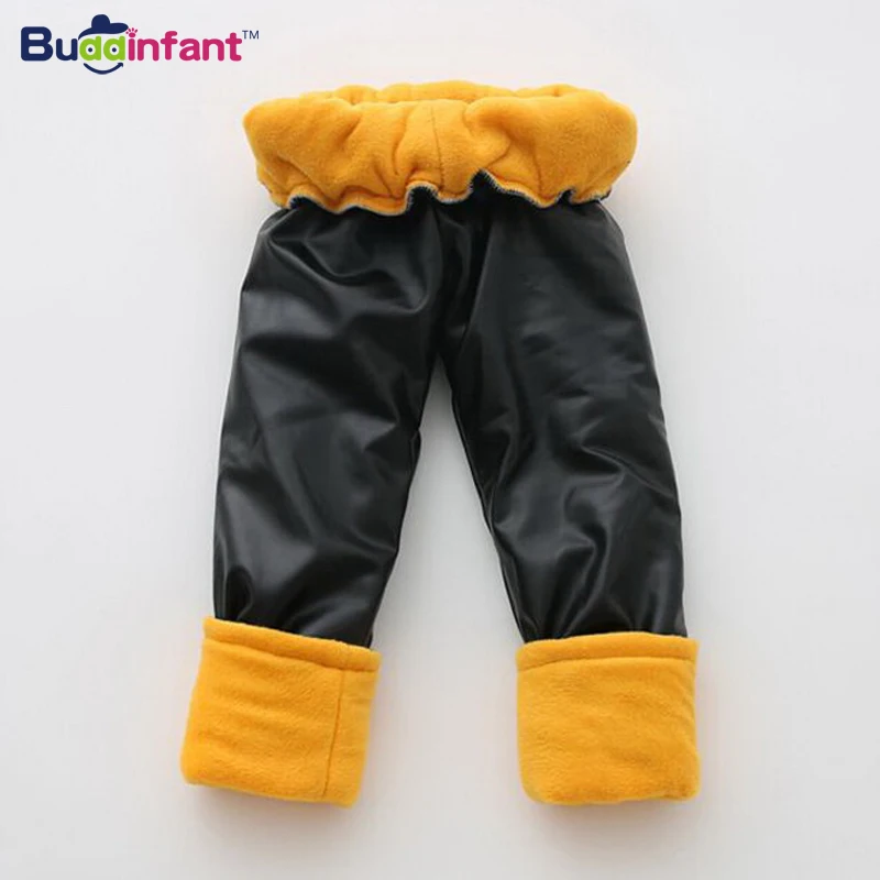 

Buddinfant new 2016 winter kids boys faux pu leather pant plus velvet thickening baby girls boy legging Trousers high quality