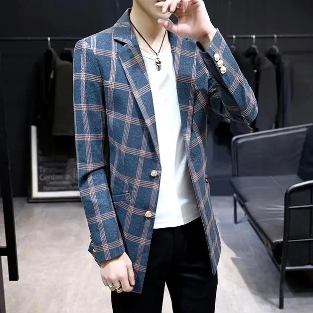 Plaid Blazer Men Two buttons Long style Wedding Suits for Men Blazer Slim fit Casual New Tuxedos Jackets