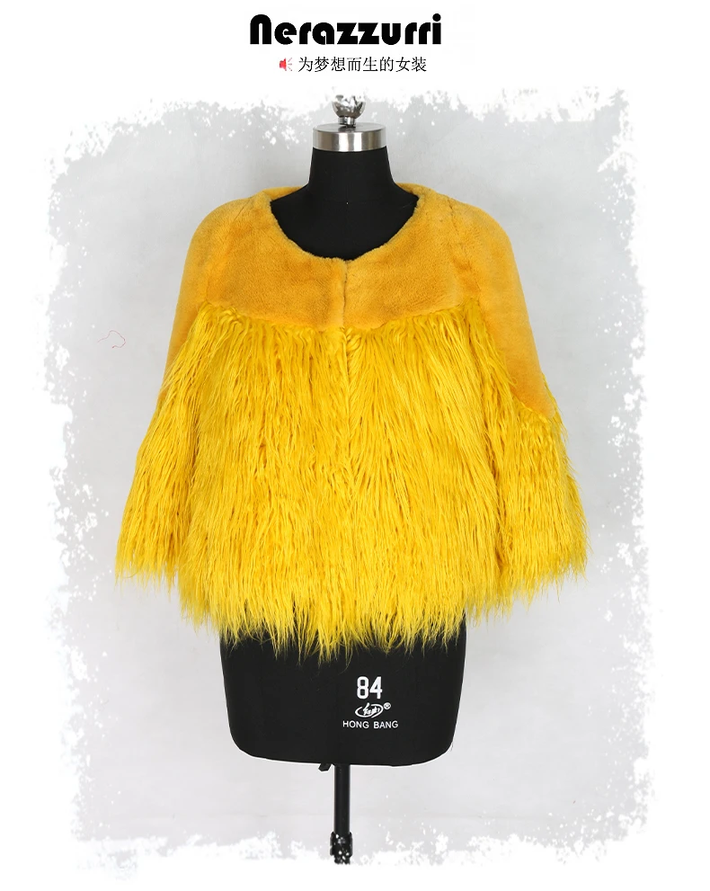 Nerazzurri/желтое пальто из искусственного меха для женщин, круглый вырез, Лоскутная плюшевая укороченная Верхняя теплая Роскошная короткая пушистая куртка из искусственного меха