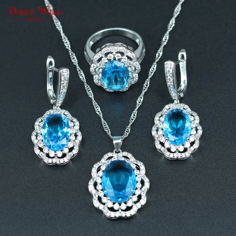 

DANDY WILL Sky Blue Crystal 925 Stamp Silver Color Jewelry Sets For Women Necklace/Earrings/Rings/Pendants for Anniversary