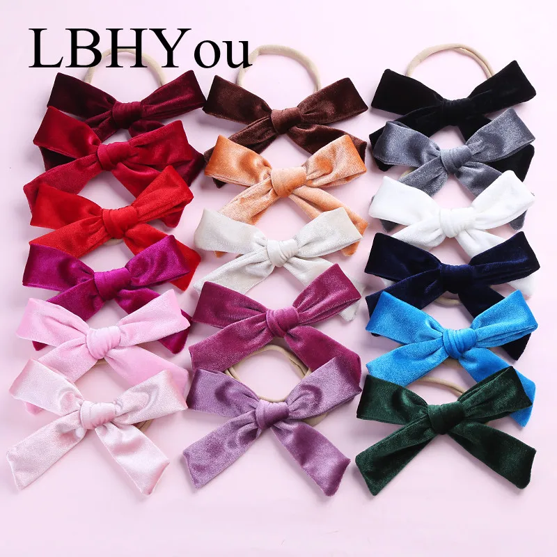 15pcs/lot Velvet Bows Nylon Headbands For Girls Handmade Elastic Knotbows Hairbands School Baby Kids Head Wraps | Аксессуары для