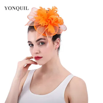 

Fascinators for Evening linen Cocktail Party Kentucky Derby Women orange Fascinator Clip Wholesale 3pcs Brand Flower Feather