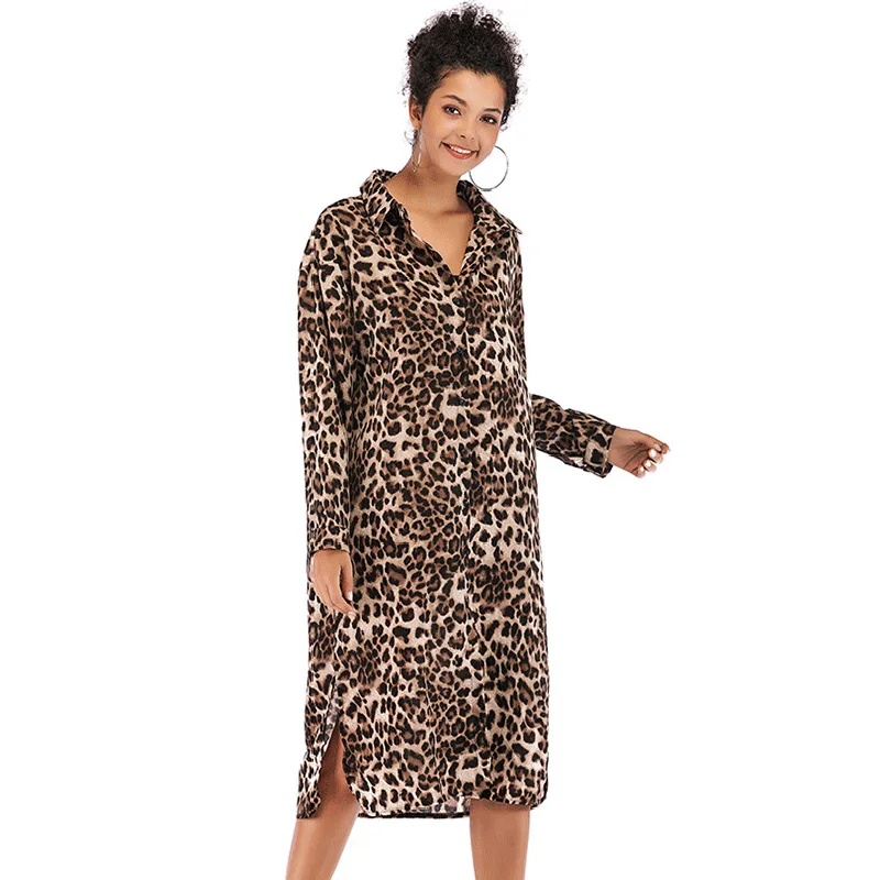 

Women's Spring New Leopard Dress Fashion Sexy Long Section Split Shirt Dress