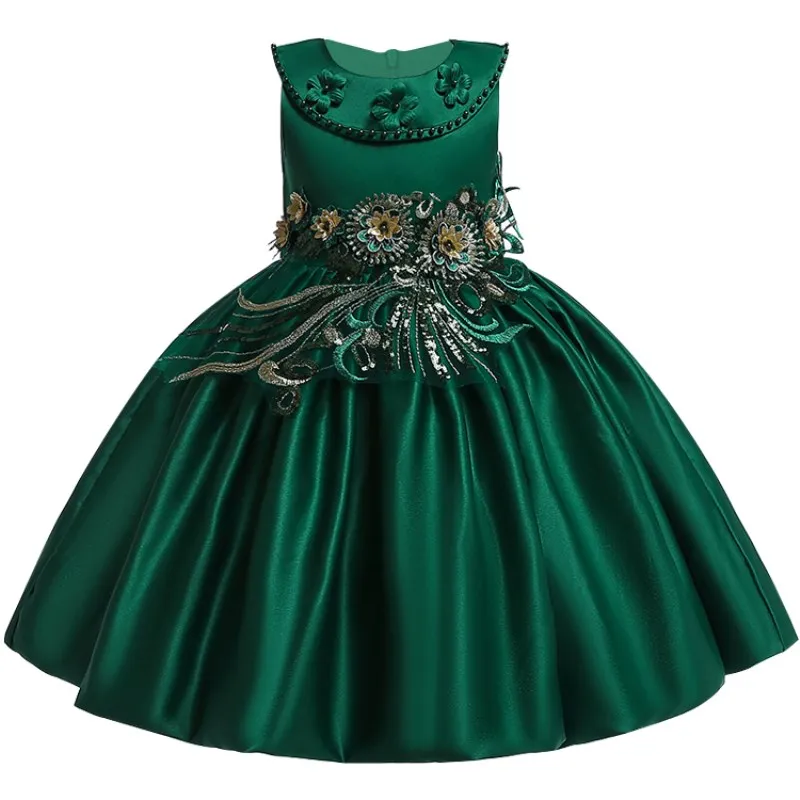 Платье с цветочным узором для девочек; торжественное атласное платье без рукавов для маленьких девочек; Vestidos; детская одежда для свадебной вечеринки; одежда для дня рождения - Цвет: green