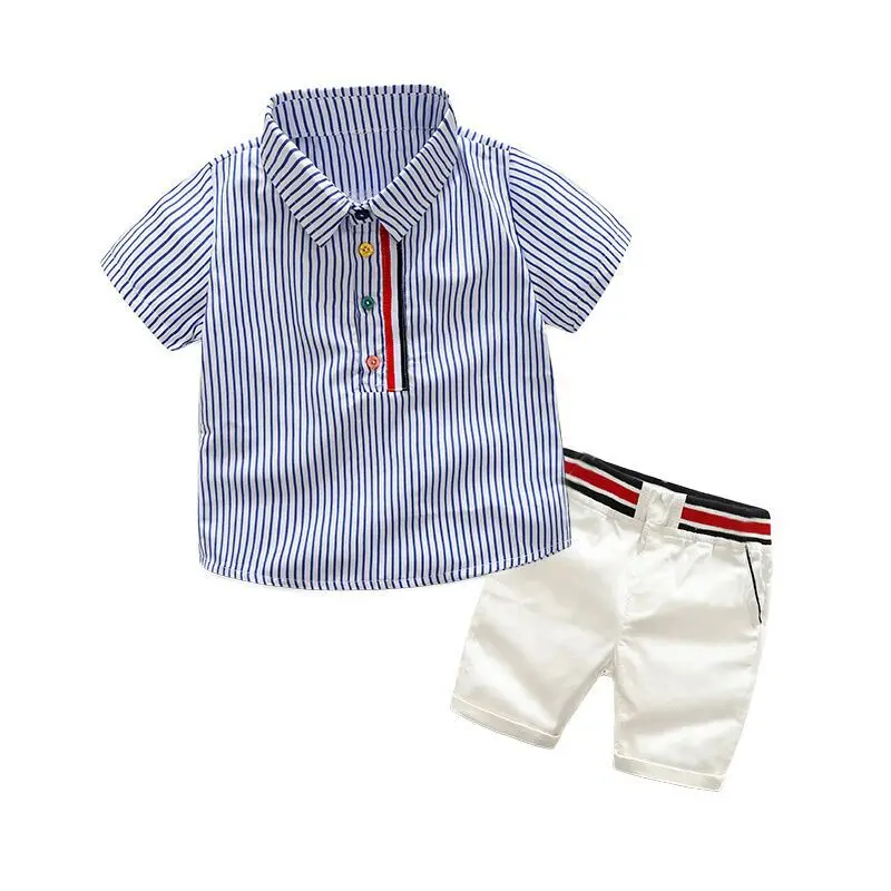 

2 Piece Boys Clothes Outfits Stripe Short Sleeve Shirts + White Shorts Kids Clothes Children Clothing Sets Gentleman Clothes