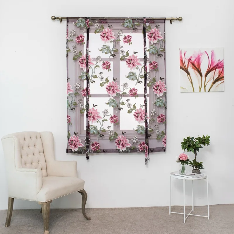 Modern Roman Tulle Butterfly Flower Print Short Curtains Living Room Kitchen S 