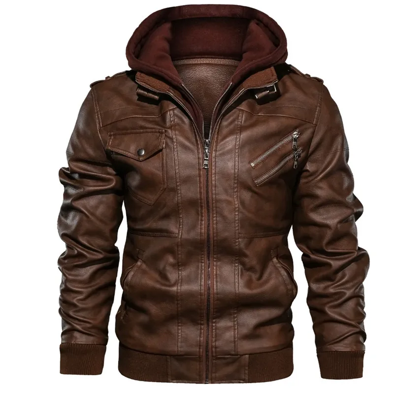 

Men's leather jacket, Pu leather jacket with removable hood for motorcycle, with oblique zipper for men coat large size