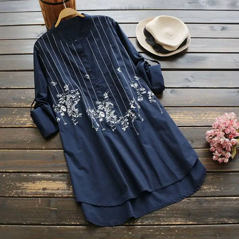 

Mferlier Shirt Dress Female O Neck Flower Embroidery Blue White Dresses Autumn Long Sleeve Women Dress