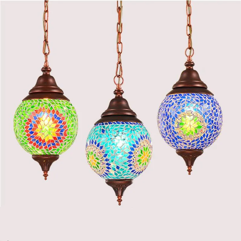 Bohemian Exotic Turkey India Style Blue/Green Handmade Glass Led E27 Pendant Light For Restaurant