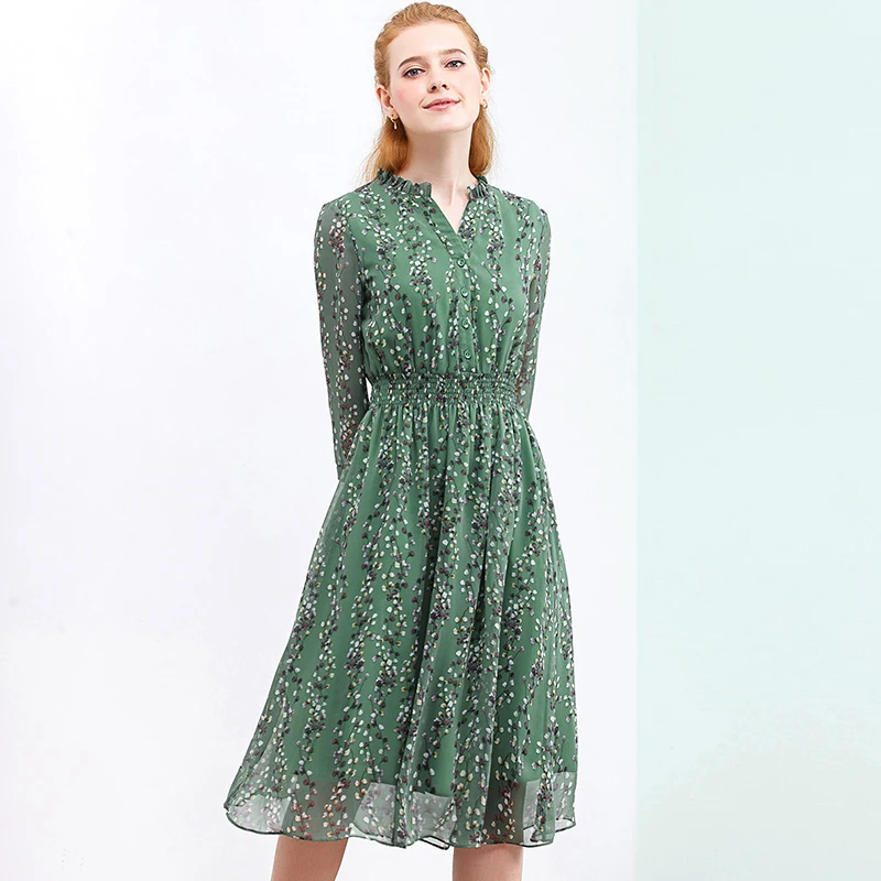 Flash Deals zqIM8 HELIAR 2020 Autumn Womens Chiffon Dresses Green Flower Pattern Draped Leaf Print Dress Casual Knee Pleat Waist Women Dress Flash Deals zqIM8 HELIAR 2020 Autumn Womens Chiffon Dresses Green Flower Pattern Draped Leaf Print Dress Casual Knee Pleat Waist Women Dress