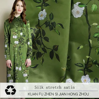 

Green bottom white flower digital painting stretch silk fabric for satin dress bazin riche getzner telas por metro tissus tissu