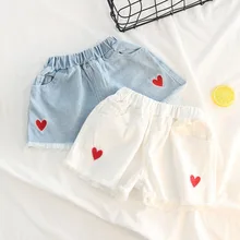 Лето девушка любовь вышивка хлопок джинсовые Песок Мыть Шорты Джинсы Короткие шорты