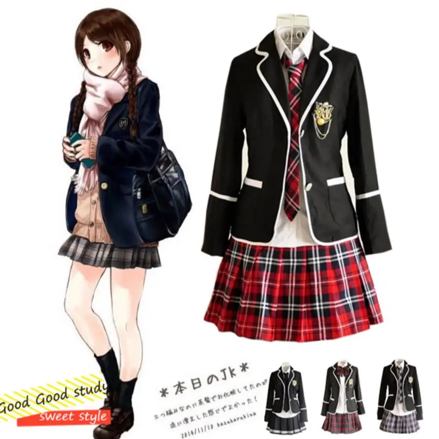 Girl Japanese School Uniform Cosplay Costume Black Red Plaid Skirt Tops