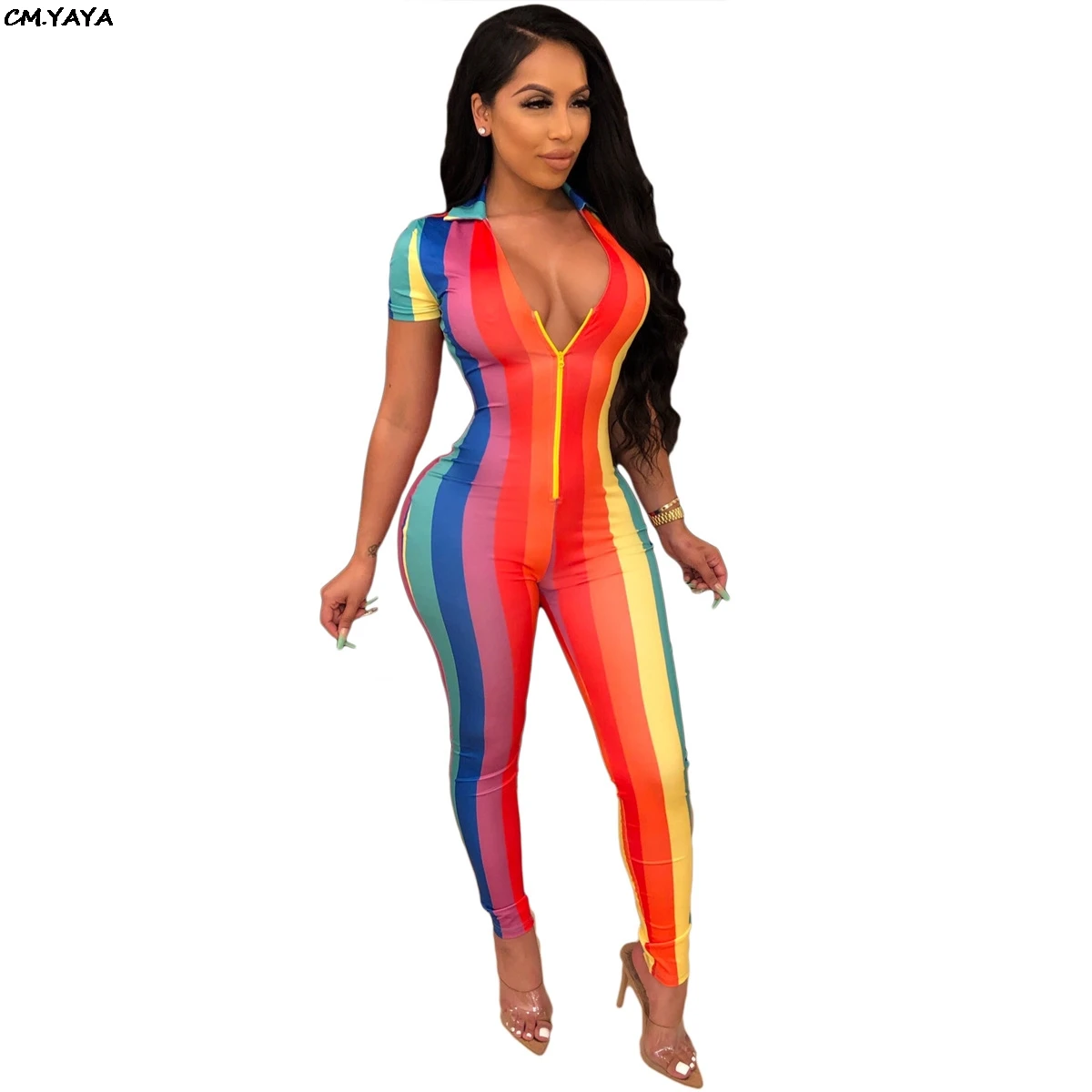 

2019 Women new summer rainbow stripes print zipper up short sleeve bodycon jumpsuit club party night romper playsuit GLYY5051