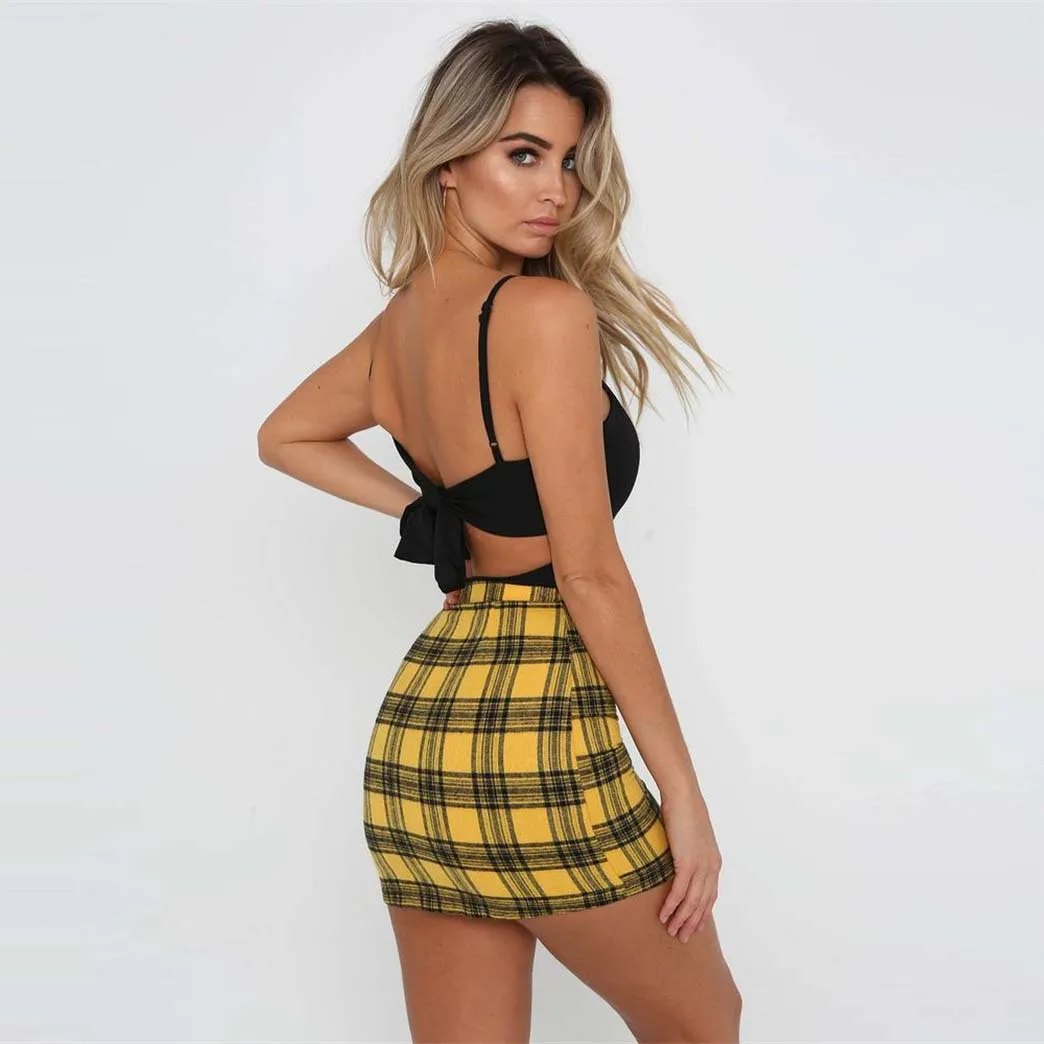 2018 Preppy Style Women Red Yellow Plaid Mini Skirts High Waist Front Zipper Sexy Skirts Skirts
