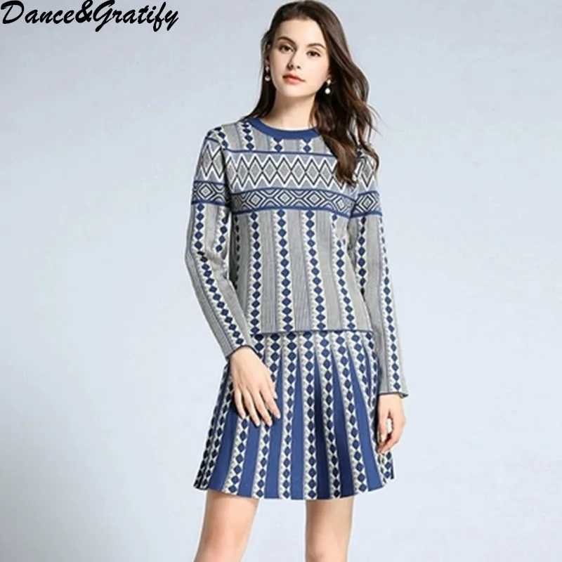 

2019 New High Quality Print 2 Two Piece Set Women Elegant Knitting Sweater + A-line Skirt Casual Office Work Suit