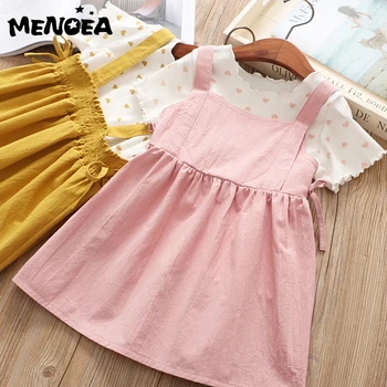 

Menoea Casual Children's Set New Summer Girls Clothes Cute Love Print T-shirt + Suspender Soft Dresses Suit 2pcs Bow Girls Set