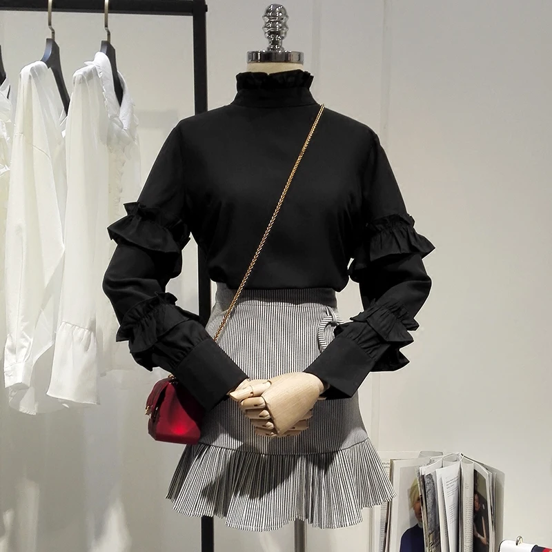 

Black Shirt Women 2018 Spring New Korea Style Ruffles Stand Collar Long Sleeve Lotus Leaf Chiffon Blouse Pullover Tops Blusas