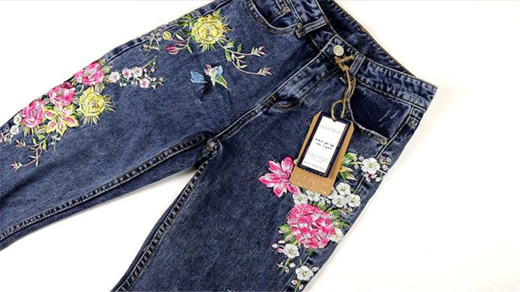 European and American women's ultra-popular stereo 3D heavy bird flower before and after embroidery high waist Slim straight jea (6)