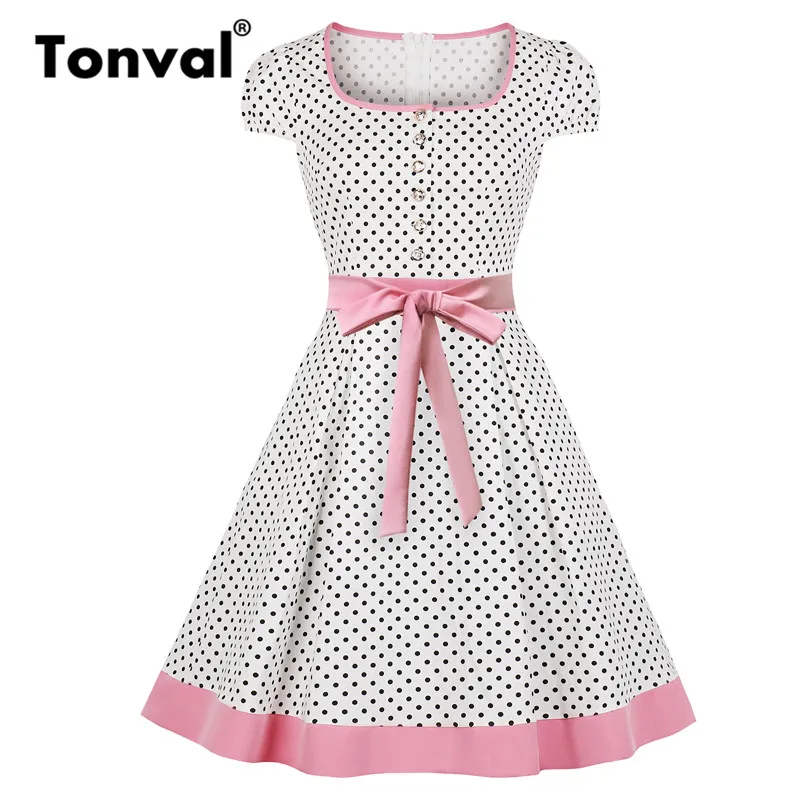 

Tonval Pinup 50s White with Polka Dot Square Neck Vintage Dress Women Button Up Cap Sleeve Pocket Side Elegant Retro Dresses