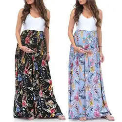 Летнее повседневное длинное платье для беременных без рукавов с круглым вырезом и цветочным принтом, платье для беременных с высокой