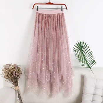 

shine star women skirts high waist irregular lady mesh pink princess party skirts top quality