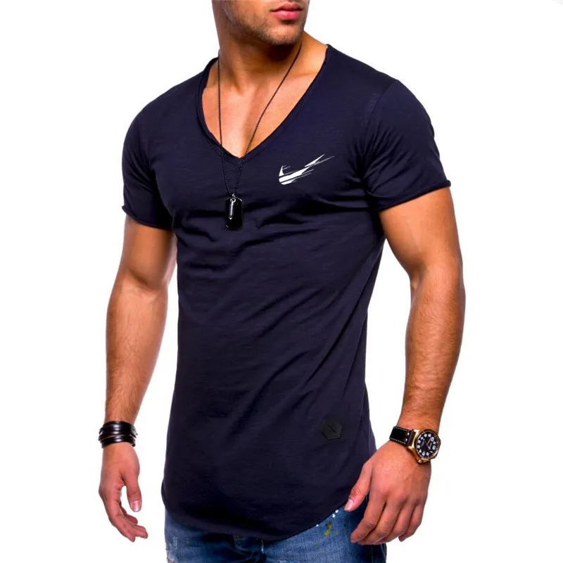 Новинка года, летняя мужская футболка, модная брендовая хлопковая Футболка с принтом логотипа, Мужская трендовая Повседневная футболка с короткими рукавами и v-образным вырезом