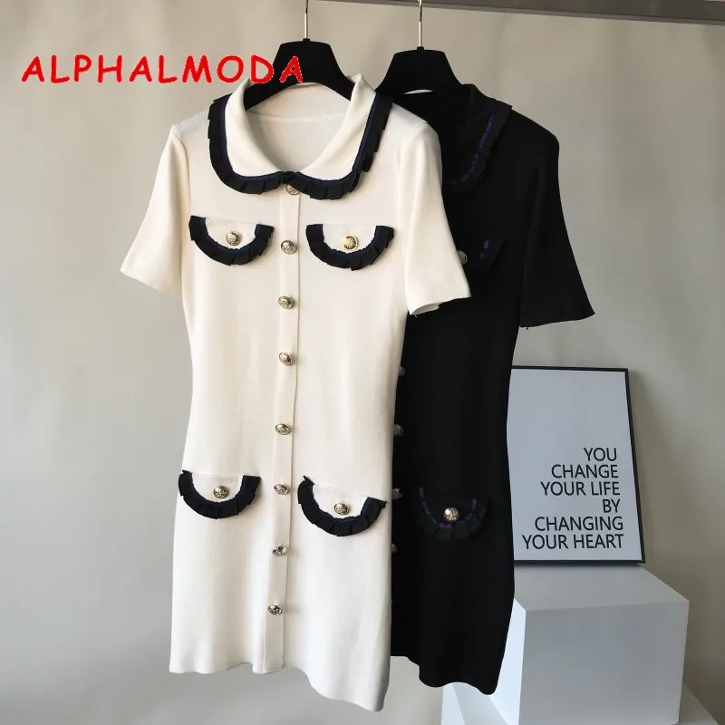 

ALPHALMODA Peter Pan Collar Elegant Women's knitting Dress Faux Pocket Flip Single Breasted Ladies OL Casual Summer Vestidos