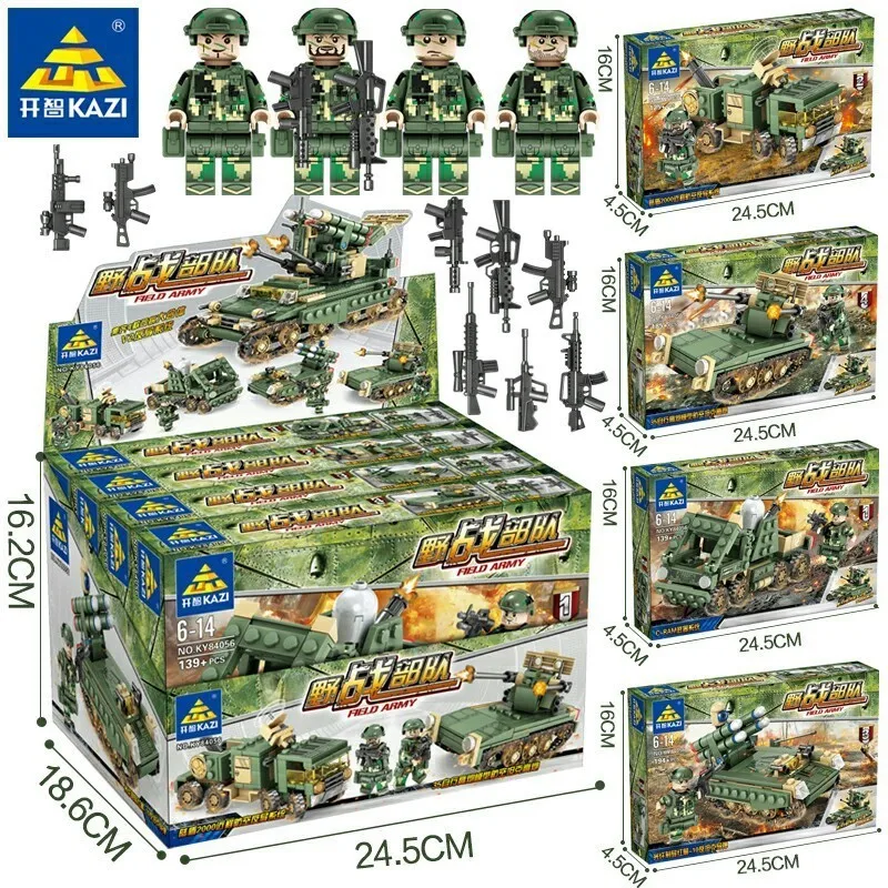 

KAZI 84056 649psc 4 In 1 Military Field Army Armored car Tank Heads Playmobil Compatible Model Building Blocks Toys kids