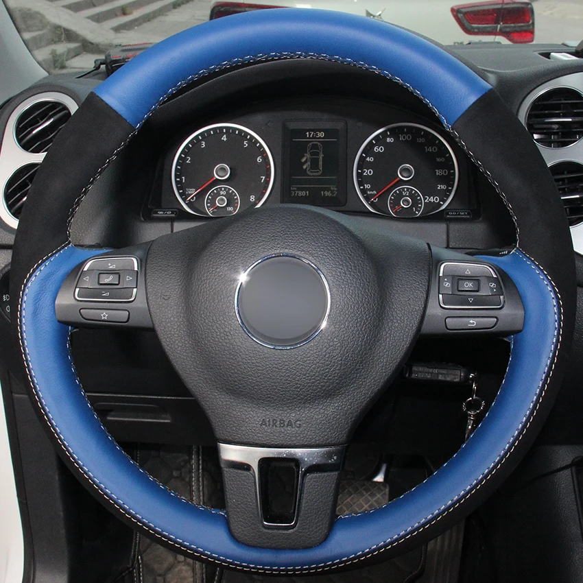 Blue Natural Leather Black Suede Car Steering Wheel Cover for