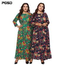 PGSD Autumn winter Retro Big Plus size women clothes Long printed dress Three Quarter Sleeve Button Collect waist Dress XXXL wbctw xxs 7xl plus size faux leather dress 2018 solid three quarter sleeve high waist winter spring women dress mini pu dress