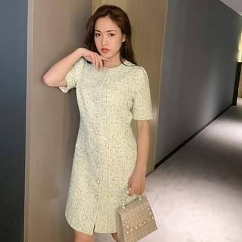 

2019 Summer Women Avocado Green Plaid Fringe Tweed Mini Dresses O-neck Buttons Single Breasted Elegant Celebrity Dress Y311