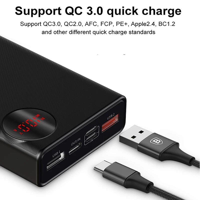  Baseus 20000mAh Power Bank Quick Charge 3.0 USB Type C PD Powerbank For iPhone Xiaomi Huawei Extern