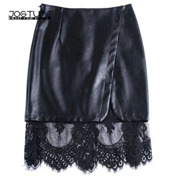 

JOGTUME Women Leather Skirt 2017 New Slim Black Elegant PU Faux Party Skirt Plus Size Ladies Sexy Lace Pencil Skirts for Sale