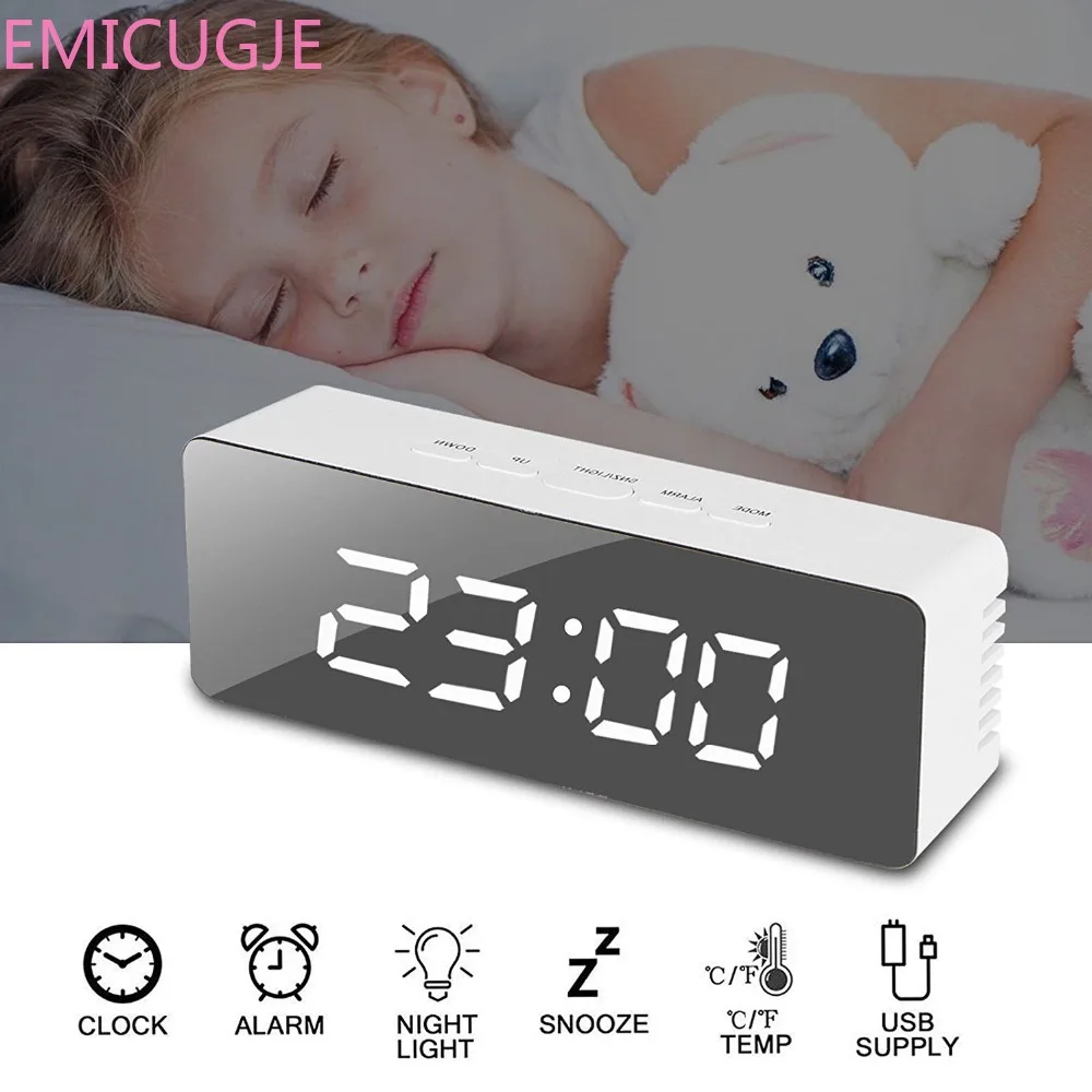 

Wake Up Light Electronic Large Time Temperature Display Home Decoration Clock LED Mirror Alarm Clock Digital Snooze Table Clock