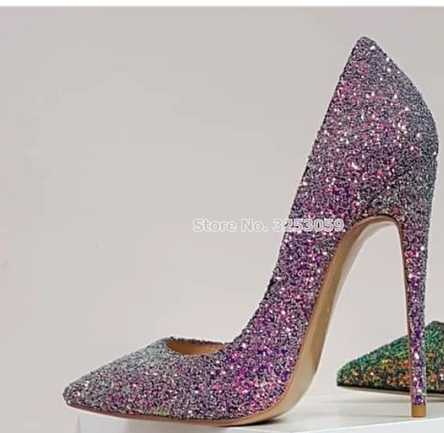ALMUDENA/женские шикарные свадебные туфли; туфли-лодочки с острым носком на высоком каблуке 12 см; туфли для торжеств с блестками градиентного цвета