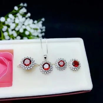 

shilovem 925 sterling silver Natural garnet Rings pendants stud earrings fine Jewelry wedding open send necklace btz06060707ags