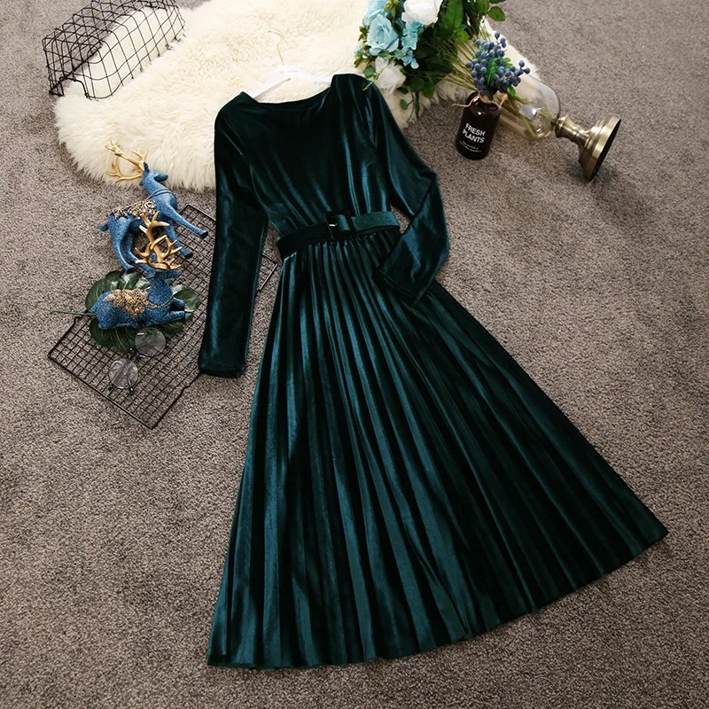 

2019 spring autumn new women round neck long sleeve waist velvet dress female O-neck vintage elegant pleated dresses