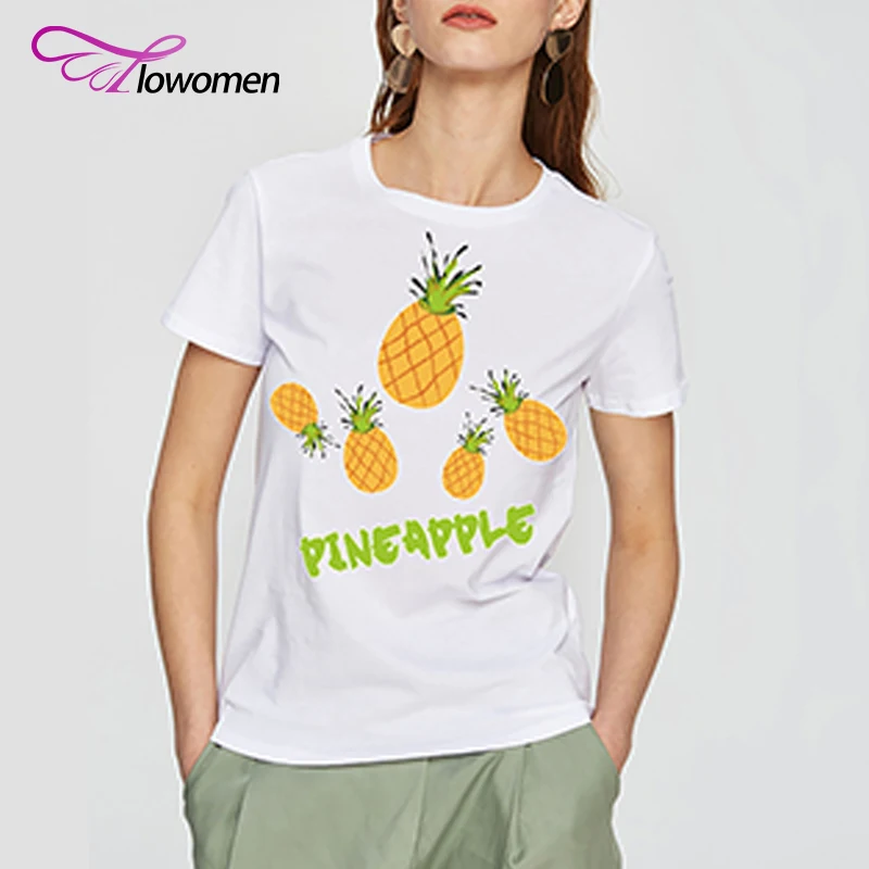 Фло Для женщин Pneapple футболка модные короткие Seeve летняя рубашка белая с круглым