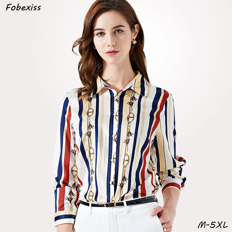 

Blouse Women 100% Mulberry Silk Satin Kimono Shirt Long Sleeve Slim Striped Button Silk Office Shirt Blusas Mujer De Moda 2019