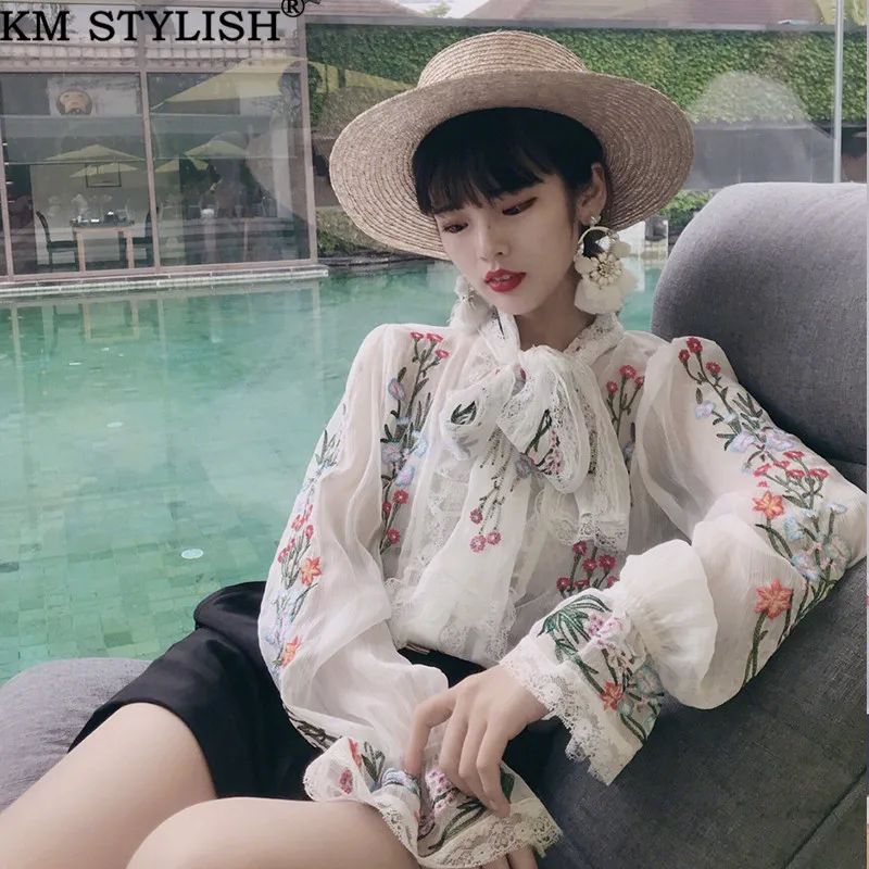 

New French Romantic Retro Temperament Fairy Lady Flower Embroidery White Shirt Lace Bows Faux Silk Perspective Chiffon Blouse