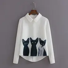Модная новинка, Брендовые женские свободные шифоновые топы с рисунком кота, повседневные блузки с длинным рукавом, Осенние рубашки высокого качества